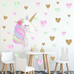 Muursticker Unicorn Eenhoorn Hartjes Roze Goud